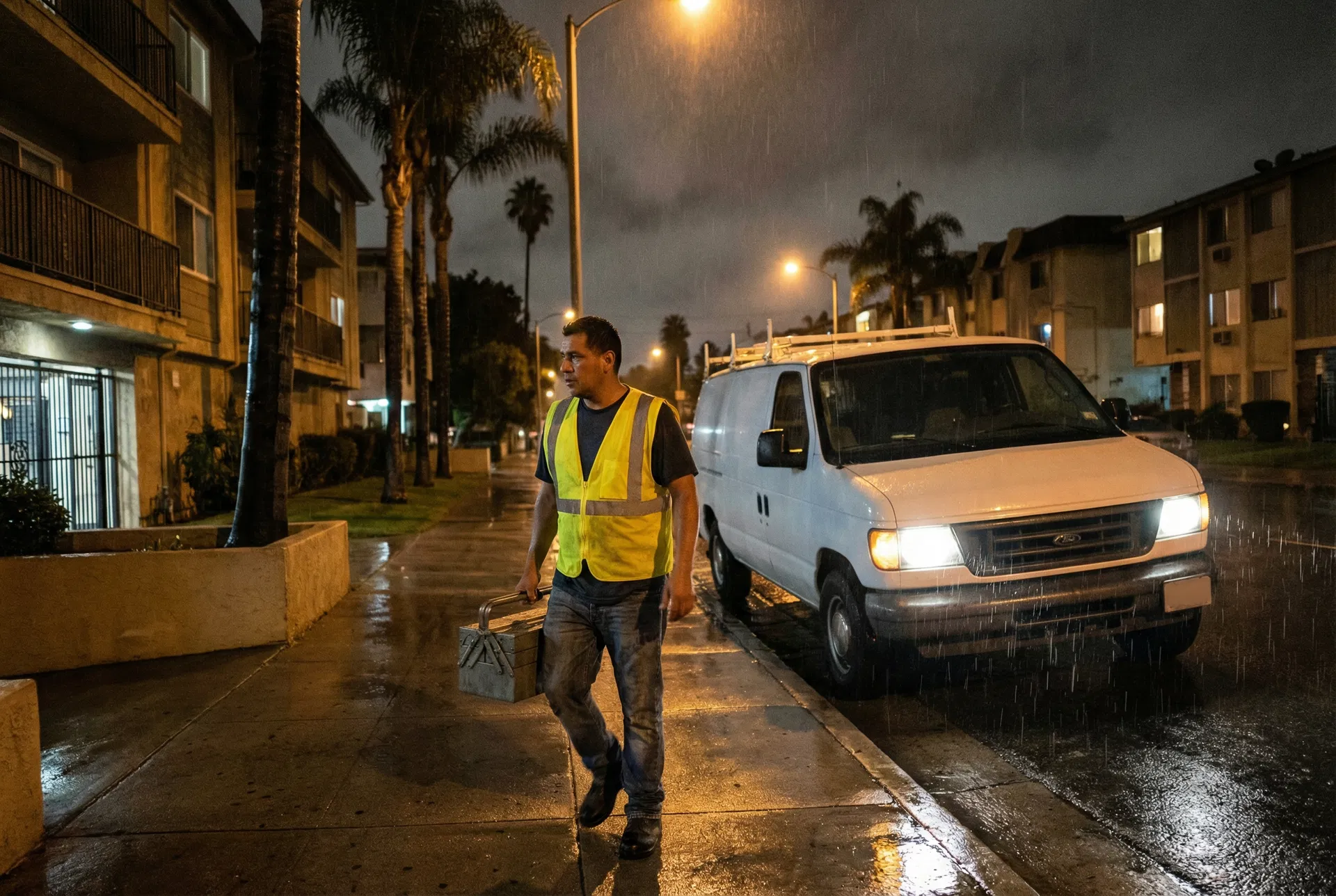 Mobile locksmith technician beside service van during an evening call
